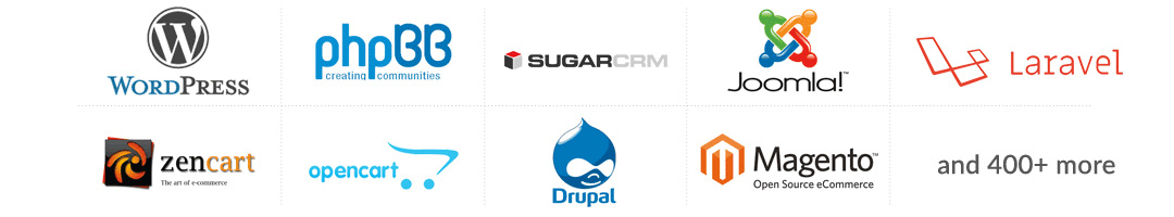 wordpress, phpbb, sugarcrm, joomla, laravel, zencart, opencart, drupal, magento